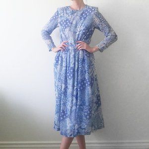 Vintage Paisley Long Sleeve Maxi Dress J. Jill Blue & White Floral